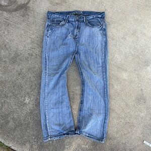 Helix Mens Slim Boot Cut Jeans Medium Wash Blue Denim 36x30 Embroidered Pockets